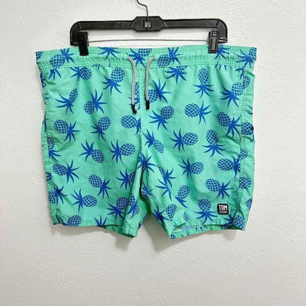 Tom Teddy Swim Trunks Green Blue Pineapple Print Liner Pockets‎ Stretch Summer M